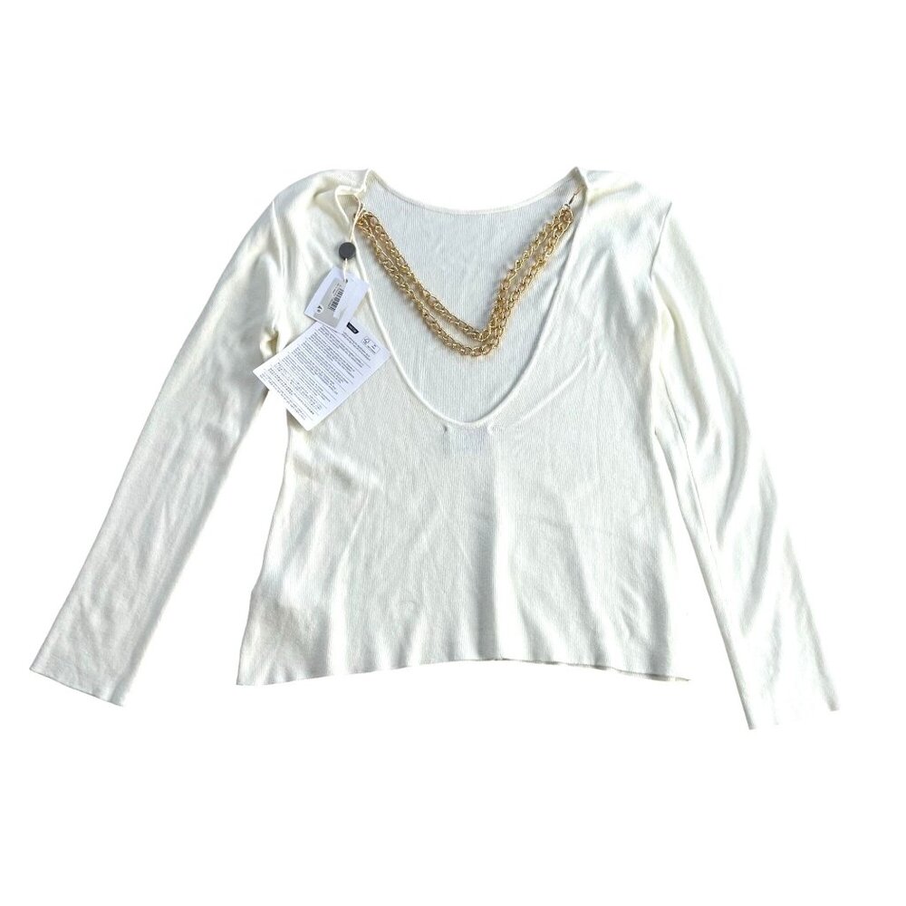 NWT Akep V-Neck Shirt Top Women's Size 40 Off White W/ Chain Minimalist Casual